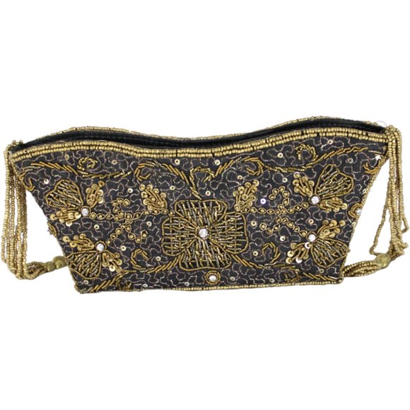 Vintage-Inspired Beaded Clutch Shoulder Bag Black Gold Zipper Closure PU82 - Picture 2 of 11